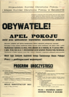[Afisz] Obywatele! : Apel Pokoju został przez społeczeństwo województwa szczecińskiego podpisany [...]