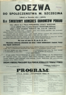 [Afisz. Inc.:] Odezwa do społeczeństwa m. Szczecina [II. Światowy Kongres Obrońców Pokoju]