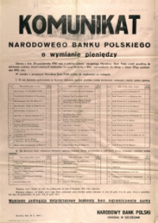 [Afisz. Inc.:] Komunikat Narodowego Banku Polskiego o wymianie pieniędzy [...]