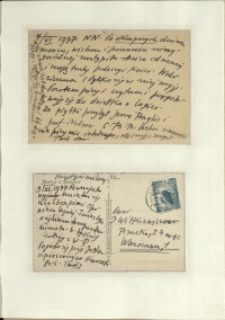 Listy Stanisława Ignacego Witkiewicza do żony Jadwigi z Unrugów Witkiewiczowej. Karta pocztowa z 07.06.1937. Karta pocztowa z 09.06.1937.