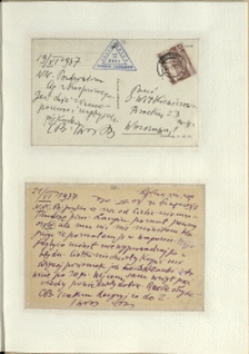 Listy Stanisława Ignacego Witkiewicza do żony Jadwigi z Unrugów Witkiewiczowej. Kartka pocztowa z 19.06.1937. Kartka pocztowa z 21.06.1937.
