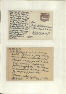 Listy Stanisława Ignacego Witkiewicza do żony Jadwigi z Unrugów Witkiewiczowej. Kartka pocztowa z 10.09.1937. Kartka pocztowa z 13.09.1937.