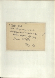 Listy Stanisława Ignacego Witkiewicza do żony Jadwigi z Unrugów Witkiewiczowej. Kartka pocztowa z 22.09.1937.