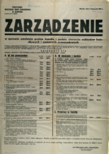 [Afisz] Zarządzenie w sprawie ustalenia godzin handlu i godzin otwarcia zakładów handlowych i niektórych przemysłowych