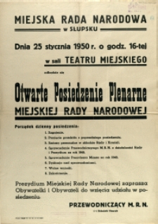 [Afisz] Otwarte Posiedzenie Plenarne Miejskiej Rady Narodowej