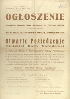 [Afisz] Ogłoszenie : Otwarte Posiedzenie Miejskiej Rady Narodowej