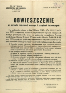 [Afisz] Obwieszczenie w sprawie rejestracji maszyn i urządzeń technicznych