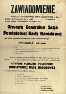 [Afisz] Zawiadomienie : Otwarta Generalna Sesja Powiatowej Rady Narodowej