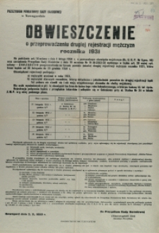 [Afisz] Obwieszczenie o przeprowadzeniu drugiej rejestracji mężczyzn rocznika 1931