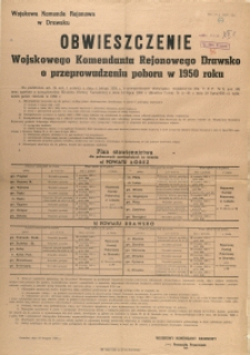 [Afisz] Obwieszczenie Wojskowego Komendanta Rejonowego Drawsko o przeprowadzeniu poboru w 1950 roku