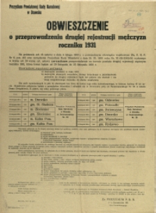 [Afisz] Obwieszczenie o przeprowadzeniu drugiej rejestracji mężczyzn rocznika 1931