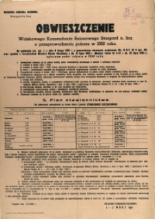 [Afisz] Obwieszczenie Wojskowego Komendanta Rejonowego Stargard n. Iną o przeprowadzeniu poboru w 1950 roku