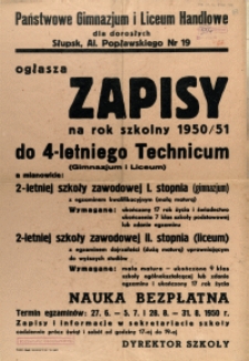[Afisz. Inc.:] Państwowe Gimnazjum i Liceum Handlowe dla dorosłych