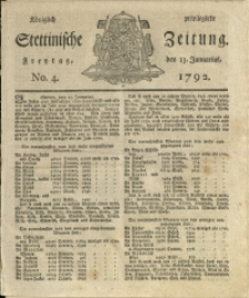 Königlich privilegirte Stettinische Zeitung. 1792 No. 4 + Beylage