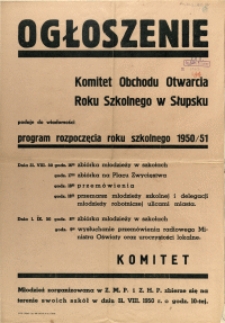[Afisz] Ogłoszenie : [program rozpoczęcia roku szkolnego 1950/51]