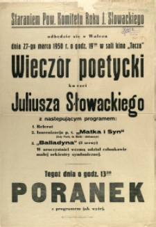 [Afisz] Wiecz&oacute;r poetycki ku czci Juliusza Słowackiego