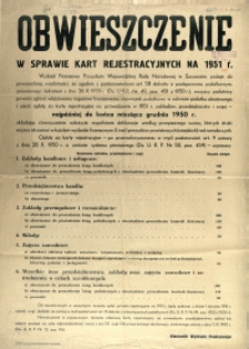 [Afisz] Obwieszczenie w sprawie kart rejestracyjnych na 1951 r.