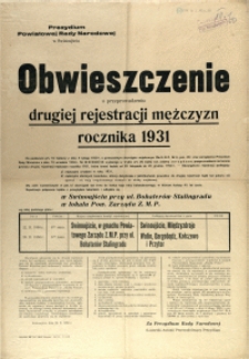 [Afisz] Obwieszczenie o przeprowadzeniu drugiej rejestracji mężczyzn rocznika 1931