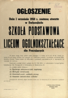 [Afisz] Ogłoszenie : [Szkoła Podstawowa i Liceum Og&oacute;lnokształcące dla Pracujących]