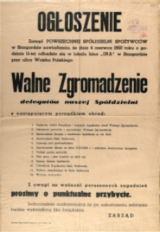 [Afisz] Ogłoszenie : Walne Zgromadzenie delegatów naszej Spółdzielni