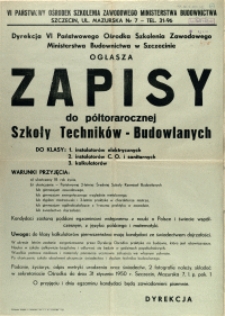 [Afisz] Zapisy do półtorarocznej szkoły Techników -Budowlanych