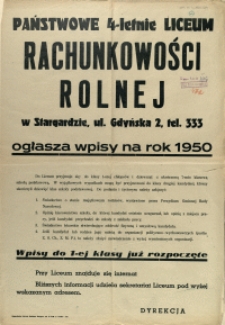 [Afisz] Państwowe 4-letnie Liceum Rachunkowości Rolnej w Stargardzie