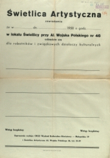 [Afisz] Świetlica Artystyczna zawiadamia