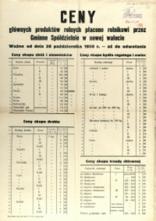 [Afisz] Ceny głównych produktów rolnych płacone rolnikowi przez Gminne Spółdzielnie w nowej walucie : ważne od dnia 28 października 1950 r. - aż do odwołania