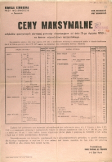 [Afisz] Ceny maksymalne artykułów spożywczych pierwszej potrzeby obowiązujące od dnia 15-go stycznia 1950 r. na terenie województwa szczecińskiego