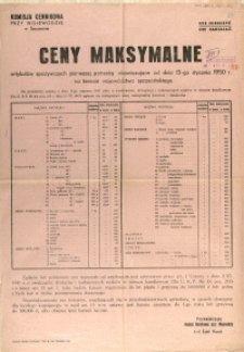 [Afisz] Ceny maksymalne artykułów spożywczych pierwszej potrzeby obowiązujące od dnia 15-go stycznia 1950 r. na terenie województwa szczecińskiego