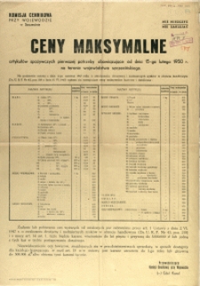 [Afisz] Ceny maksymalne artykułów spożywczych pierwszej potrzeby obowiązujące od dnia 15-go lutego 1950 r. na terenie województwa szczecińskiego