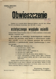 [Afisz] Obwieszczenie : [w sprawie estetycznego wyglądu osiedli]