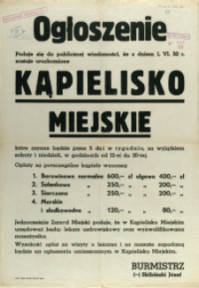 [Afisz] Ogłoszenie : [uruchomienie kąpieiska miejskiego]