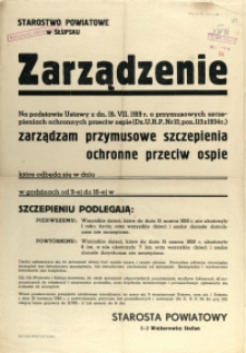 [Afisz] Zarządzenie : [przymusowe szczepienia ochronne przeciw ospie]