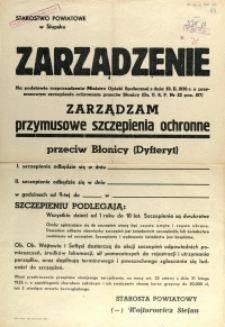 [Afisz] Zarządzenie : [przymusowe szczepienia ochronne przeciw błonicy]