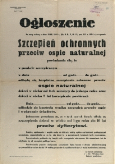 [Afisz] Ogłoszenie : [szczepienia ochronne przeciw ospie naturalnej]