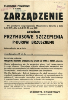 [Afisz] Zarządzenie : [przymusowe szczepienia p/durowi brzusznemu]