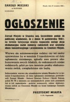 [Afisz] Ogłoszenie : [akcja ekshumacyjna zwłok żołnierzy radzieckich oraz więźniów obozu koncentracyjnego]