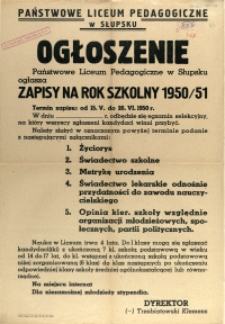 [Afisz] Ogłoszenie : [zapisy na rok szkolny 1950/51]