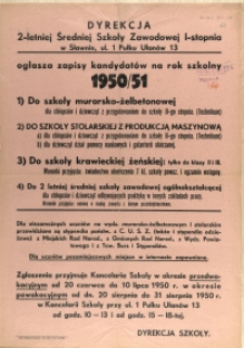 [Afisz] Dyrekcja 2-letniej Średniej Szkoły Zawodowej I-stopnia w Sławnie ul. 1 Pułku Ułanów 13