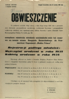 [Afisz] Obwieszczenie : [rejestracja młodzieży do Powszechnej Organizacji "Służba Polsce"]
