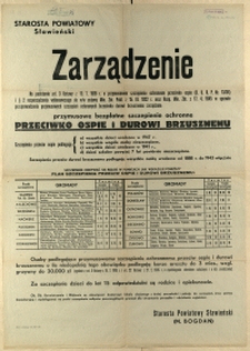 [Afisz] Zarządzenie : [przymusowe bezpłatne szczepienie ochronne przeciwko ospie i durowi brzusznemu]