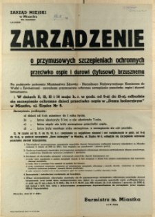 [Afisz] Zarządzenie o przymusowych szczepieniach ochronnych przeciwko ospie i durowi (tyfusowi) brzusznemu