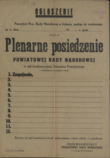 Ogłoszenie : [Plenarne posiedzenie Powiatowej Rady Narodowej]