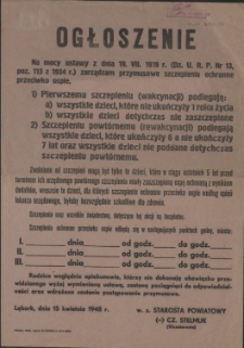 [Afisz] Ogłoszenie : [przymusowe szczepienia przeciwko ospie]