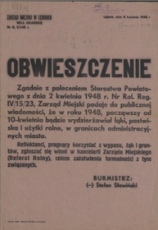 [Afisz] Obwieszczenie : [dzierżawa łąk, pastwisk i użytków rolnych]
