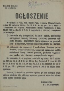 [Afisz] Ogłoszenie : [zakaz przepędzania luzem bydła]