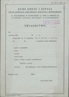 Świadectwo : [kurs kroju i szycia]