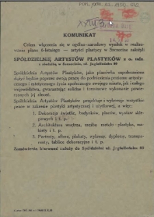 [Afisz] Komunikat [Spółdzielnia Artystów Plastyków]