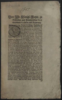 Von Ihr. Königl. Maytt. zu Schweden zum Pommerischen Stat verordnete Stathalter und Regierung. Demnach die Königl. Regierung auf der Herren Land Stände Anhalten bewilliget, dass sowoll zu Salarirung der Königl. Bedienten bey dem hohen Tribunal und Ober-Appellation Gerichte zu Wismar, als zur adaeqvation und etwaniger Ersetzung der tag-täglich auff die durch das Land gehende und einen District für den andern treffende newgeworbene Trouppen lauffenden March Kosten [...] : [Dat.] Datum Alten Stettin den 14. Septemb. Anno 1655